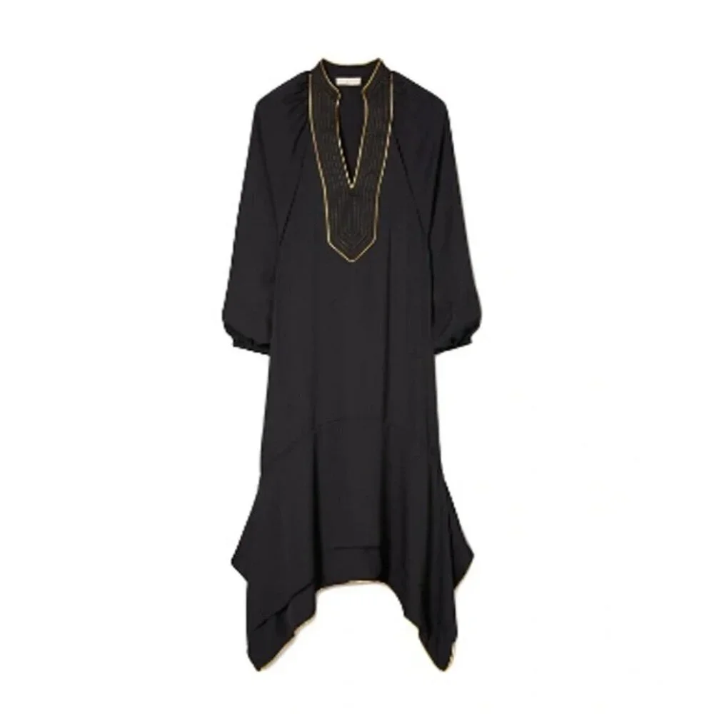 NWT Tory Burch Puffed-sleeve Tunic Dress in Black Belted Gold Trim Midi XS $498